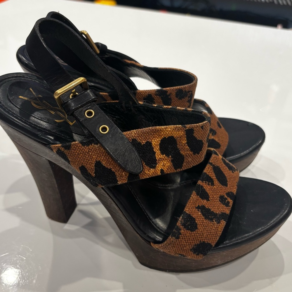 Authentic Yves Saint Laurent/Tom Ford Leopard Print Wood Platform Sandals